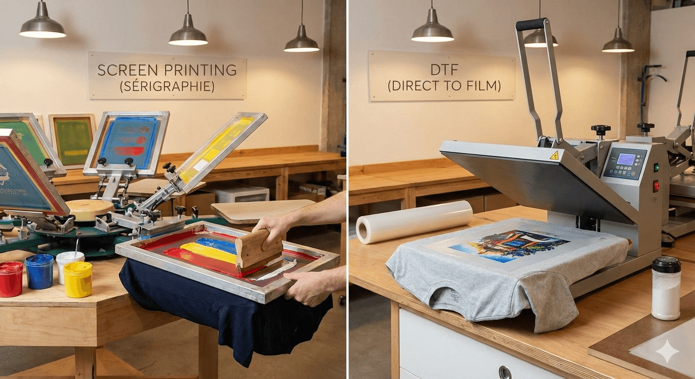 Comparaison entre sérigraphie traditionnelle et impression DTF sur textile en Tunisie