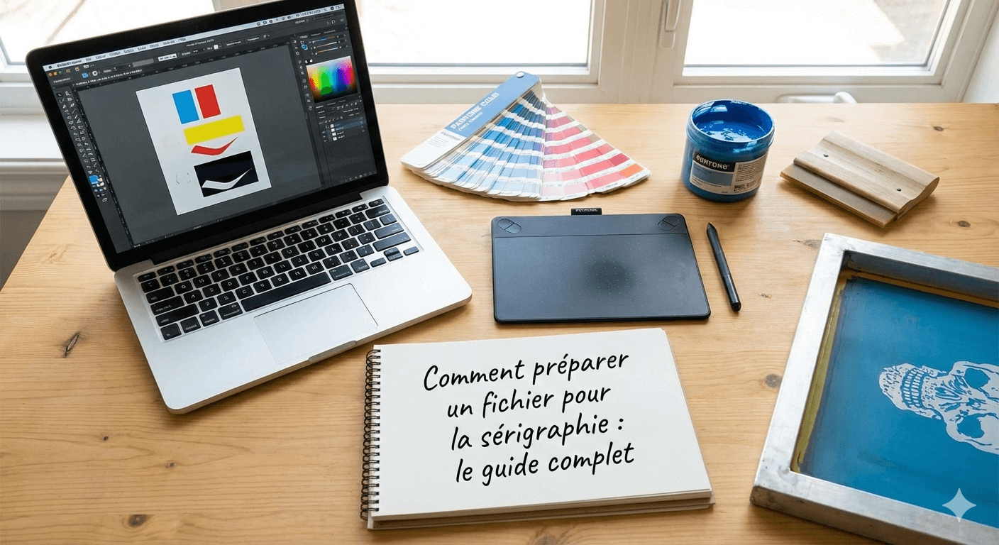 Écran d'ordinateur montrant la préparation d'un fichier graphique pour la sérigraphie